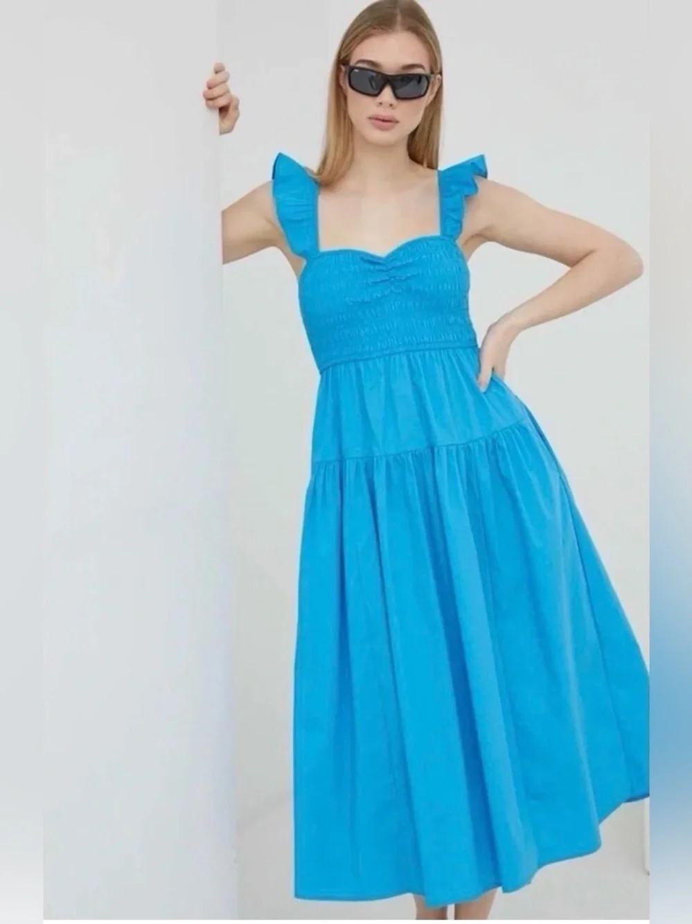 Abercrombie & Fitch Ruffle Strap Smocked Midi Dress in Blue